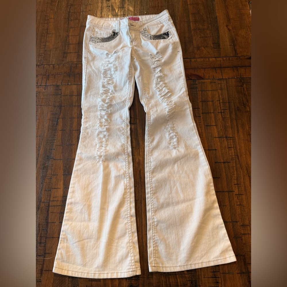 Y2K White Flare Leg Jeans GLO Junior 5 Distressed Zipper Pocket Detail